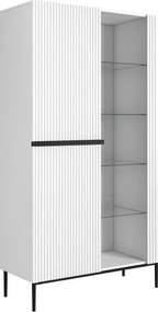 Witryna Nicole 100 cm z ryflowanym frontem - biały mat / czarne nóżki