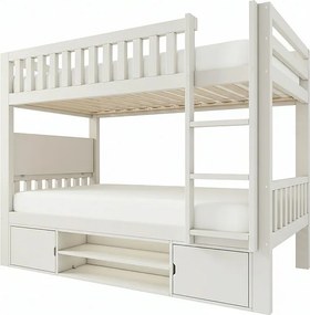 Łóżko piętrowe dla dzieci - 90 x 200 cm - ze składanym stolikiem + schowkiem na buty + 2 schowki - drewno - białe