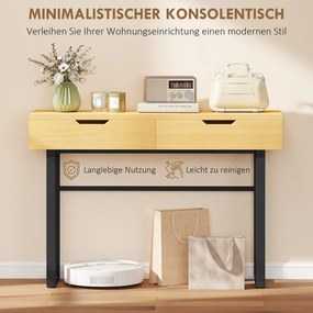 HOMCOM Stolik konsolowy Wąski stolik do przedpokoju z 2 szufladami, metalowa rama, do przedpokoju 110 x 35 x 76,5 cm naturalny | Aosom PL