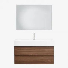Zestaw Wiszących Mebli Łazienkowych Z Drewna I Forniru Jesionowego Zintegrowany Z Umywalką Ona Prostokątna Lampa Led I Przeciwmgielna 100x70 Cm Riben