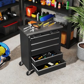 HOMCOM Szafka narzędziowa z 5 szufladami, przenośna skrzynia narzędziowa na kółkach, wózek narzędziowy ze stali, odcień srebra+czarny