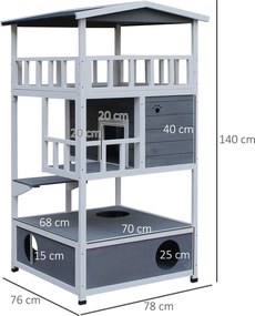 PawHut Domek dla Kota 4-poziomowy z Toaletą, Balkon, Dach Asfaltowy, Drewno, Szary, 78 x 76 x 140 cm