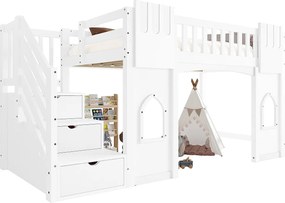 Łóżko piętrowe dla dzieci - 90 x 200 cm - ze schodkami do przechowywania i oknem - drewno + MDF - białe