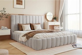 BESILIO Podwójne łóżko 120x200 Tina - Łóżko slim do sypialni ze stelażem i pojemnikiem na pościel- Tkanina welurowa- Jasnoszary