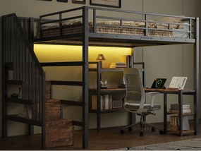 Łóżko na antresoli metalowe 140x200 cm - Z biurkiem i drabiną z pojemnikami - Port USB i oświetlenie LED - Czarny (bez materaca)