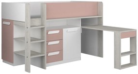Łóżko na antresoli 90 x 200 cm - Z biurkiem i ze skrzynią - Różowy, naturalne drewno i biały - LOUKALA