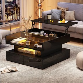 Podnoszony stolik kawowy - 80 x 80 x 45 cm - z ukrytym schowkiem + 2 szuflady + diody LED - płyta wiórowa + szkło hartowane - czarny