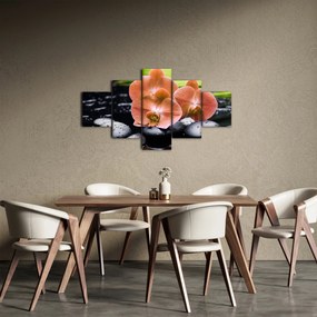 Obraz - Pomarańczowa orchidea z liśćmi palmy (125x70 cm)