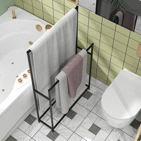 HOMCOM Stojak na ręczniki, wolnostojący, 2 drążki, odporny na rdzę, 66x20x110cm, Czarny