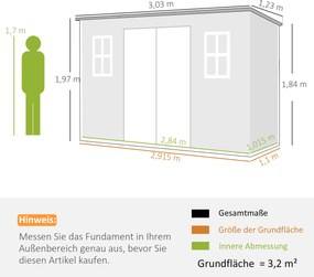 Outsunny Szopa Ogrodowa 3,2 m², Schowek z Płaskim Dachem, 303x123x197 cm z Oknem, Zamykana, Podwójne Drzwi, Wentylacja, Podłoga | Aosom PL