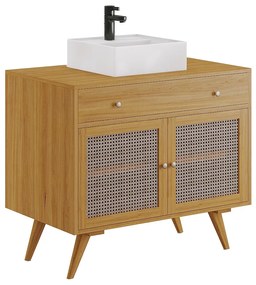 Szafka łazienkowa z jasnego drewna tekowego z plecionką i umywalką ceramiczną - 90 cm - MANSULAN