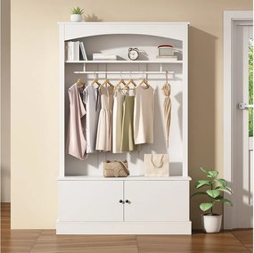 Biały wieszak z schowkiem i regulowanymi półkami – Kompaktowy mebel do przedpokoju