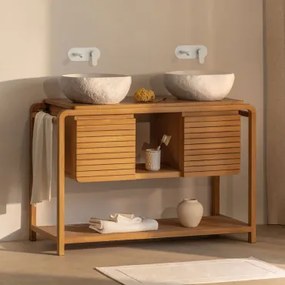 Zestaw Mebli Łazienkowych Z Drewna Tekowego Bradley 2 X Nieregularna Z Biały Cementu ↔︎40 Cm Fedro & Bezlusterkowiec - Sklum