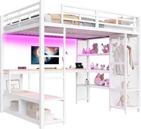 Łóżko piętrowe metalowe dla dzieci - 140 x 200 cm - z biurkiem + półką + otwartą szafą + portem USB + diodami LED - białe