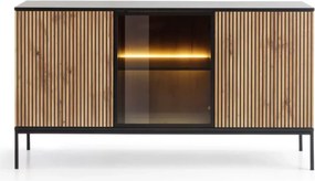 Komoda do salonu Shark 154 cm ryflowana nowoczesna LED szklane drzwi push-to-open metalowy stelaż minimalistyczna