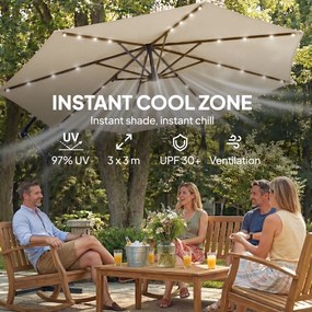 Outsunny Parasol ogrodowy LED Solar Ø300 cm obrotowy z korbą, stojakiem, pokrowcem beżowy | Aosom PL