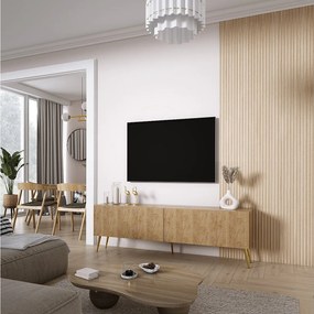Szafka pod telewizor 170, fronty ryflowane, Dąb Craft, nóżki pochyłe złote, 170 × 32 × 52 cm