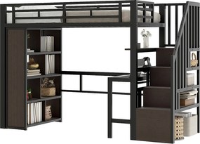 Łóżko na antresoli 90x200 cm - z biurkiem + przegródkami do przechowywania - z taśmą LED - z drabiną - Czarny​ (materac nie jest wliczony w cenę)