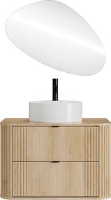 Szafka łazienkowa wisząca z okrągłą umywalką nablatową, baterią i lustrem - Jasny naturalny - 80 cm - FILOR