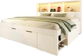 Łóżko pojedyncze drewniane z pojemnikiem - 140 x 190 cm - z wyjmowaną szafką nocną + diody LED + USB + szuflady + półki - białe