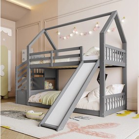 Łóżko piętrowe - 2 x 90 x 200 cm - 2 szuflady i wysuwana rama - sosna i płyta MDF - szare