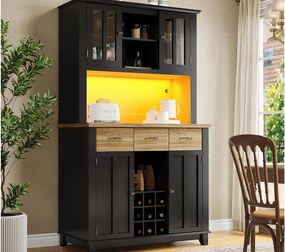 Kredens kuchenny z LED - Wys. 180cm - duża przestrzeń do przechowywania - Czarny