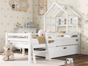 Łóżko kabinowe 90x200cm - lite drewno - z drabinką + szufladami + zabezpieczenie przed upadkiem - Białe