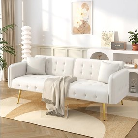 Sofa 2-osobowa rozkładana - 178 x 82 x 70 cm - z regulowanym oparciem i podłokietnikami - welur - biała