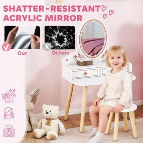 AIYAPLAY Dziecięcy Stolik do Makijażu Zestaw z Taboretem Lustrem Szufladami Drążkami na Ubrania dla 3-8 Lat 56 x 38 x 87,8 cm Biały | Aosom PL