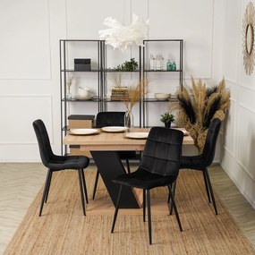 Zestaw Stół Prostokątny Rozkładany CLARK 120-160 cm Dąb Artisan/Czarny i 4 Krzesła Tapicerowane do Jadalni PERU Czarne Welurowe