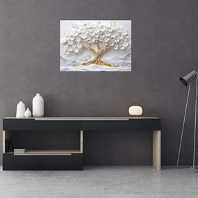Obraz na szkle – Eleganckie drzewo życia 3D pełne kwiatów (70x50 cm)