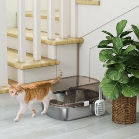 PawHut Kuweta ze stali nierdzewnej, toaleta dla kota z wysokim brzegiem, wanienka, w zestawie łopatka, dla dużych kotów, 53x42x27cm, antracytowy | Aosom PL