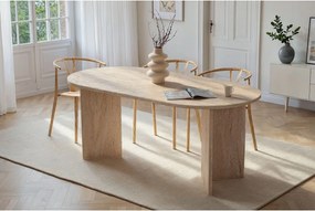 Owalny stół jadalniany Sablin z drewna i beżowego trawertynu 180x89x75 cm - 8 miejsc, klasyczny design i wykończenie premium