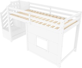 Łóżko piętrowe dla dzieci - 90 x 200 cm - ze schodkami do przechowywania i oknem - MDF i drewno - białe