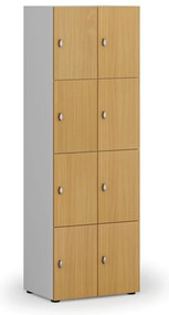 Drewniana szafka skrytkowa S4, 8 schowków, demontaż, zamek obrotowy, szary/buk