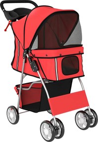 PawHut Składany wózek dla psów i kotów z odblaskami, koszem i poduszką, do 10 kg, czerwony, 77x44x102 cm | Aosom PL