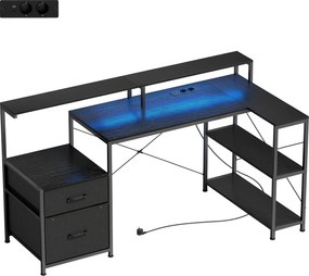 HOMCOM Biurko gamingowe w kształcie L z LED i gniazdami, z podwójnym uchwytem na monitory, 165x80x91,5 cm, czarna imitacja drewna | Aosom PL