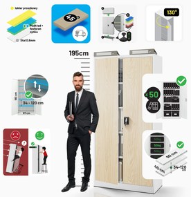 Szafa na dokumenty biurowa metalowa biała/ dąb sonoma: Eco Design JAN H, 900 x 1950 x 400 mm