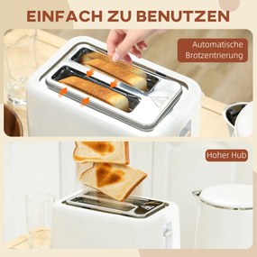 HOMCOM Zestaw kuchenny z czajnikiem i tosterem, 7 poziomów opiekania, szybkie gotowanie, Stal Nierdzewna, Plastik, Biały