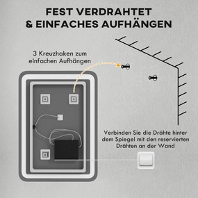 HOMCOM Lustro łazienkowe z oświetleniem LED, kontrola dotykowa, przeciwmgielne, z możliwością ściemniania, 3 kolory światła, 50x70, Srebrny