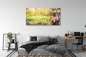 Duży obraz na płótnie Koszyk z Jajkami na Kwiecistej Łące