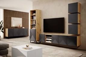 Szafka RTV Asha 200 cm wisząca z ryflowanym frontem i wnęką - artisan / rivier stone mat