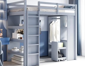 Łóżko antresolowe dziecięce 90×200 cm - z wieszakiem + schowkiem - z 1 mobilnym wózkiem na rzeczy - szare (materac nie jest dołączony)