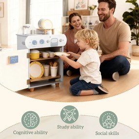 AIYAPLAY Zestaw kuchni ze zlewem, 32 elementy akcesoriów, MDF, dla dzieci od 3 lat, jasnoniebieska