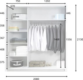 Szafa Przesuwna ELDRI 208 cm z Lustrem Szafa Trzydrzwiowa, Biały