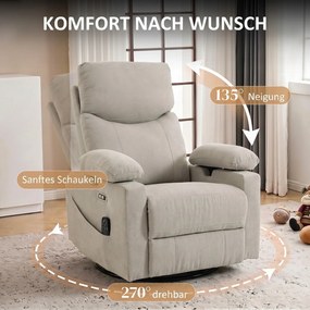 HOMCOM Elektryczny fotel relaksacyjny z funkcją obrotu i kołysania, masaż i ogrzewanie, 3D-podłokietniki, złącza USB-C/USB, jasnoszary | Aosom PL