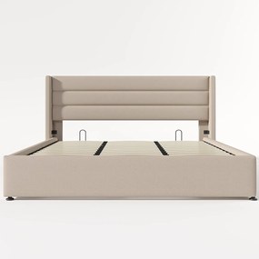 Łóżko z pojemnikiem 180x200 cm, łóżko podwójne z tapicerowanym zagłówkiem i stelażem z listew - beżowy len (bez materaca)