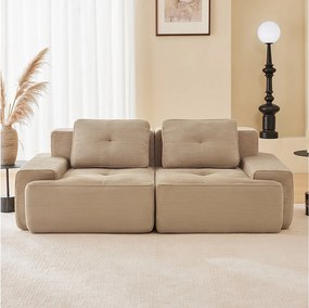 Modułowa Sofa 2-osobowa w Welurze żebrowanym z 2 poduszkami, bez montażu, 204x104x69cm, Beżowy