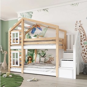 Łóżko piętrowe 90x200 cm – Łóżko dziecięce z drabinką i drewnianym stelażem – naturalne i białe – materac nie jest wliczony w cenę