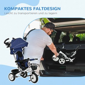 HOMCOM 6-w-1 Trójkołowiec dla dzieci z rączką do pchania, z daszkiem, pasem, koszem na bagaż, 18+ miesięcy, Granatowy